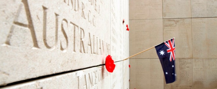 An Australian flag is seen on a memorial wall during an Anzac day ceremony at the Menin Gate in Ypres, Belgium on Wednesday, April 25, 2012. Anzac day is a national day of remembrance in Australia and New Zealand to honor the members of the Australian and New Zealand Army Corps (ANZAC) who fought during World War I.