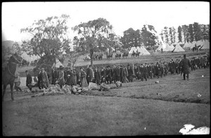 Recruits arriving at Broadmeadows Military Camp in 1914. Pictures Collection, State Library of Victoria.