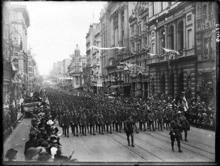 Soldiers marching down Collins Street during World War I Author Kerr Brothers 1914 to 1918. Pictures Collection, State Library of Victoria.
