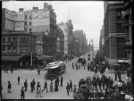 The corner of Collins and Elizabeth streets – a solid area of commerce. Pictures Collection, State Library of Victoria.